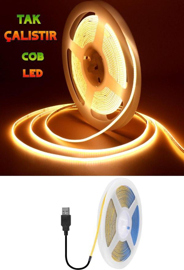 Ecuy Şerit Led Işık Tak-Çalıştır Usb Çıkışlı Kendinden Yapışkanlı Cob Led Şerit Aydınlatma 3 Metre - Image 1
