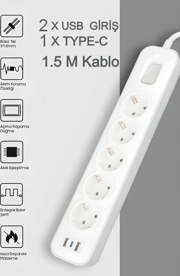 Ecuy Termal Akım Korumalı Uzatma Kablolu Priz 5'Lü Priz Soketli 2 Usb'Li 1 Type-C Girişli Dirençli Kablo - Image 1