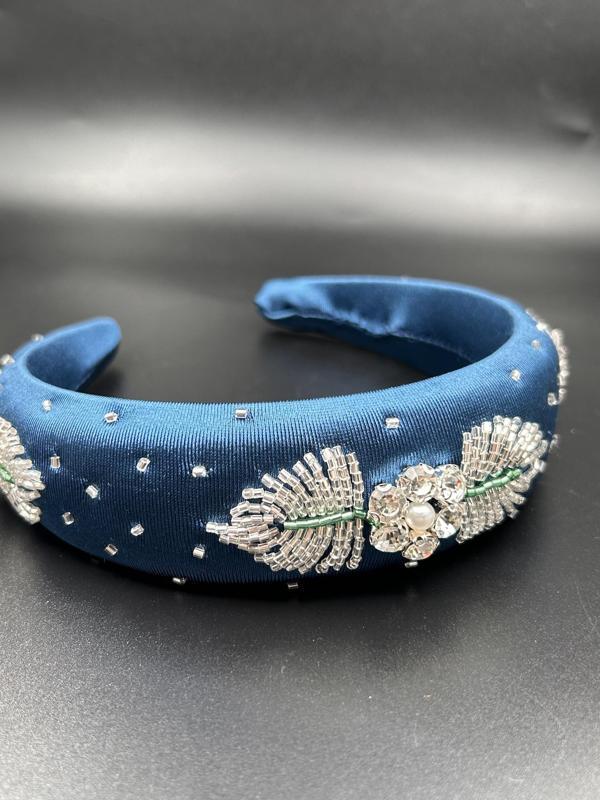 Tasarım El Yapımı El İşlemeli Saten Mavi Kalın Gümüş İşleme Abiye Kına Nişan Kadın Saç Tacı - Image 1