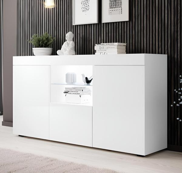 Konsol Led Aydınlatmalı Şık Büfe Katlanabilir Cam Raflı Modern Ve Zarif Konsol Beyaz Mat Elegant - Image 1