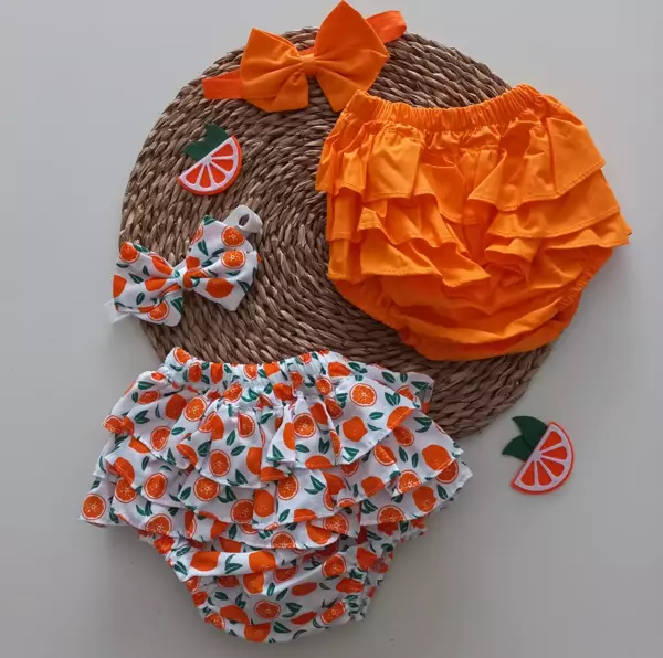 MARS BABY Kız Bebek Turuncu Portakal Desenli Fırfır Şort Etek Bandana Takımı - Image 1