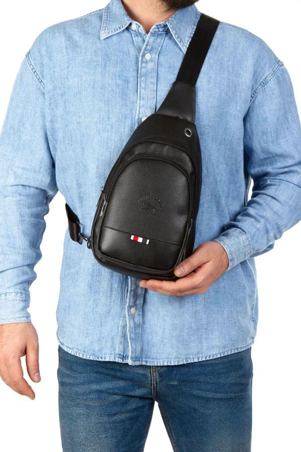 Siyah Unisex Suni Deri Usb Kulaklık Çıkışlı Çanta Bodybag Göğüs Ve Omuz Çantası - Image 1