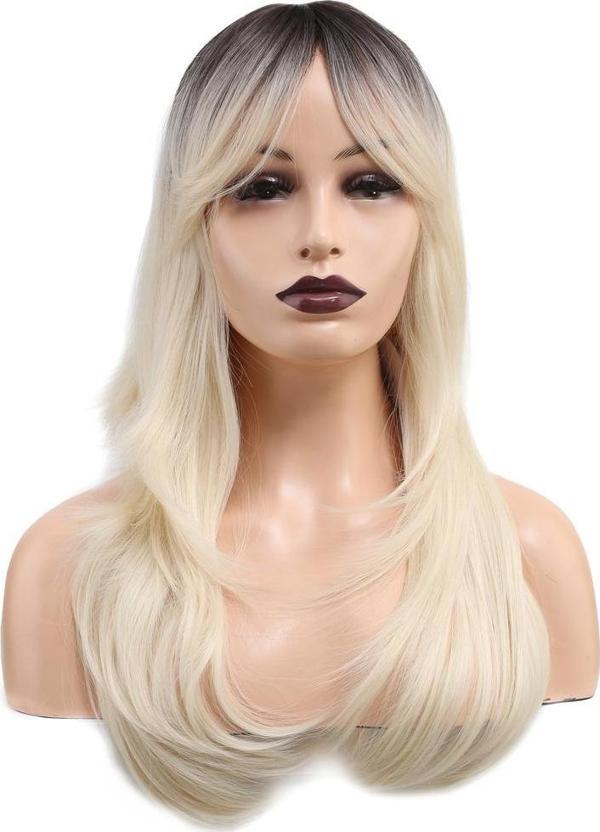 Katlı Kesim Perçemli Düz Fiber Sentetik Orta Boy Peruk - Kahve / Platin Ombreli - Image 1