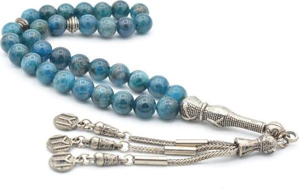 Gümüş Kaplama Püsküllü Hakiki Doğal Apatit Taşı Tesbih 7.5 Mm - Image 1