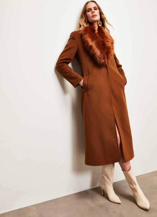 Yaka Kürklü Uzun Kaban - Kahve - Image 1