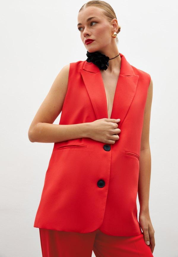 Düğme Detaylı Salaş Yelek - Mercan - Image 1