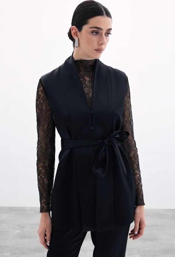 Kuşaklı Saten Yelek - Siyah - Image 1