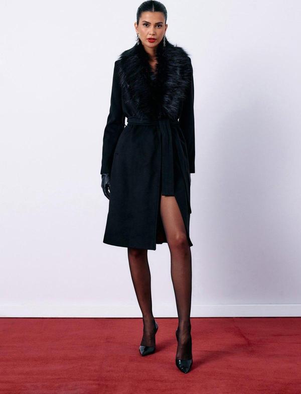 Kürklü Kaşe Kaban - Siyah - Image 1