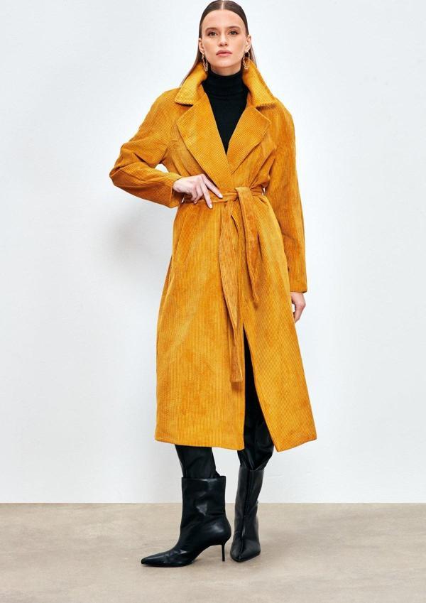 Uzun Kadife Trençkot - Camel - Image 1