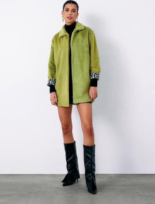 Leopar Astarlı Peluş Kaban - Yeşil - Image 1
