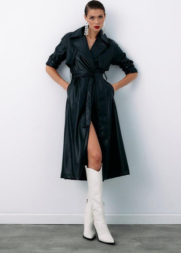 Kuşaklı Uzun Deri Trenç - Siyah - Image 1