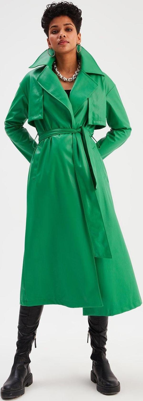 Kuşaklı Uzun Deri Trenç - Yeşil - Image 1