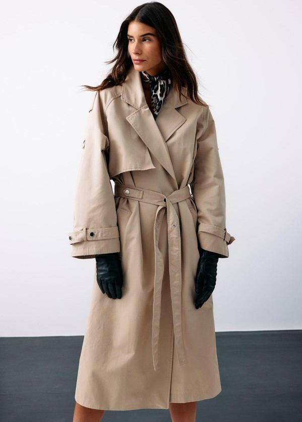 Kuşaklı Uzun Trençkot - Bej - Image 1