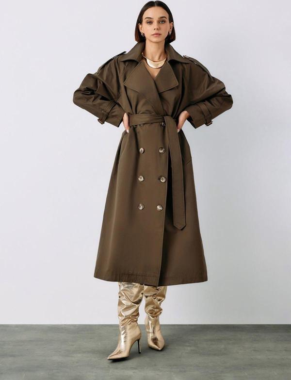 Kuşaklı Uzun Trenç - Haki - Image 1