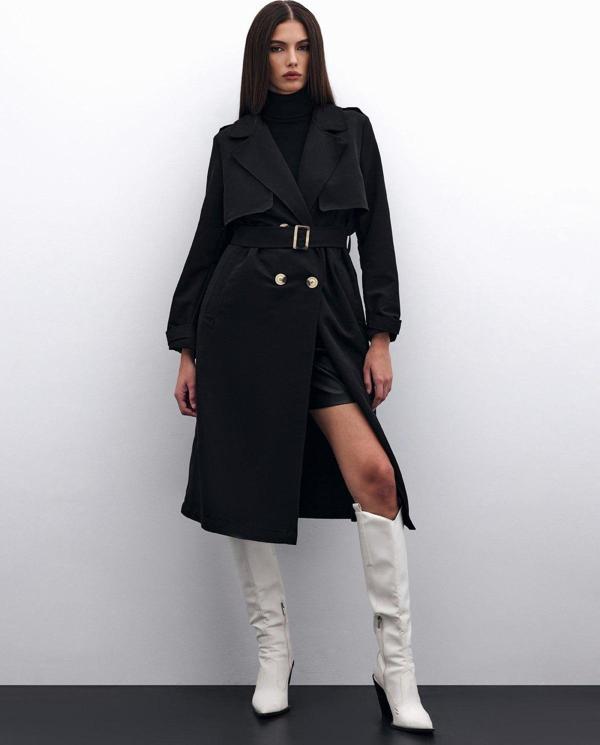 Kemerli Uzun Trençkot - Siyah - Image 1