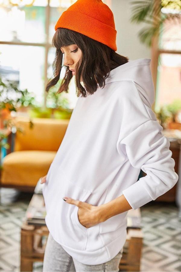Kapüşonlu İçi Polarlı Kalın Oversize Sweatshirt - Image 1