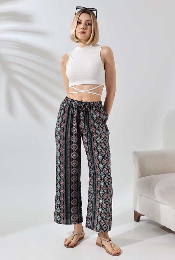 Etnik Desen Bol Paça Viskon Pantalon - Image 1
