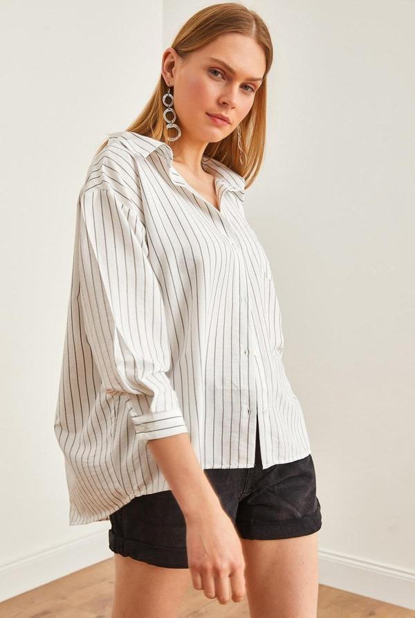 Cepli Çizgili Boyfriend Oversize Gömlek - Image 1