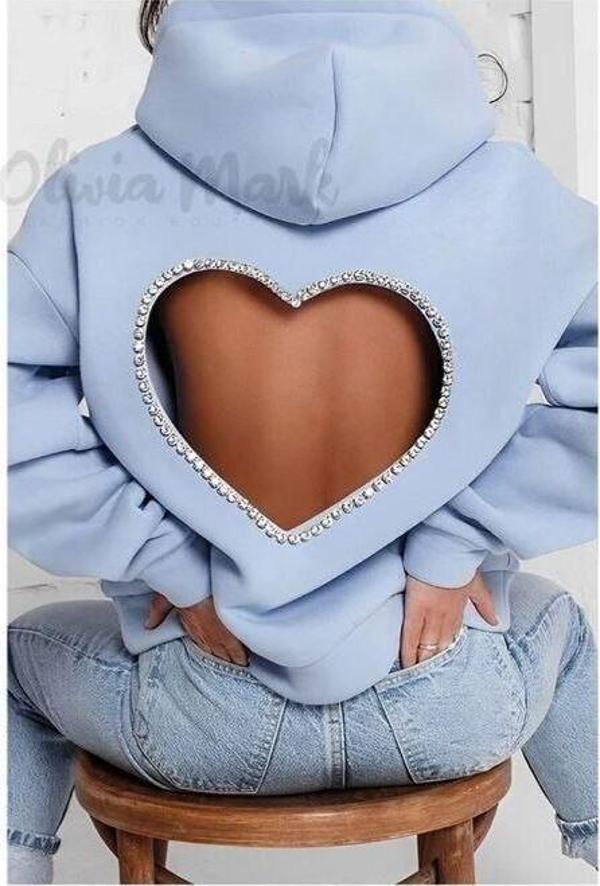 Sırt Kalp Detay Mavi Kapşonlu Sweatshirt - Image 1