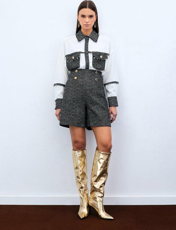 Düğme Detay Tüvit Şort - Kahve - Image 1