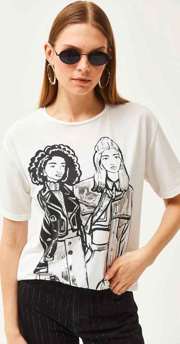 Varak Detay Baskılı Rahat Kalıp T-Shirt - Image 1
