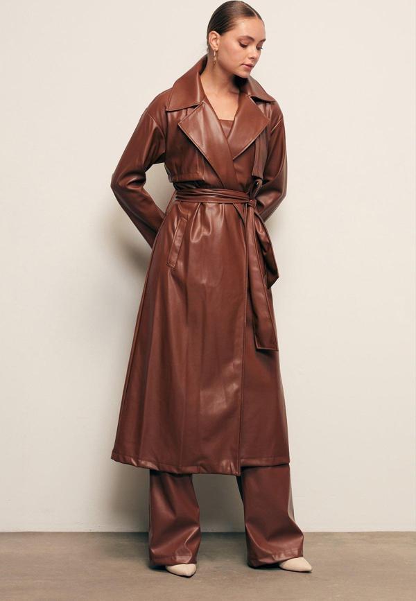 Kuşaklı Uzun Deri Trenç - Kahve - Image 1