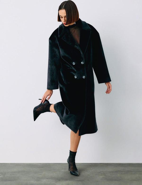 Düğmeli Kaşe Kaban - Siyah - Image 1