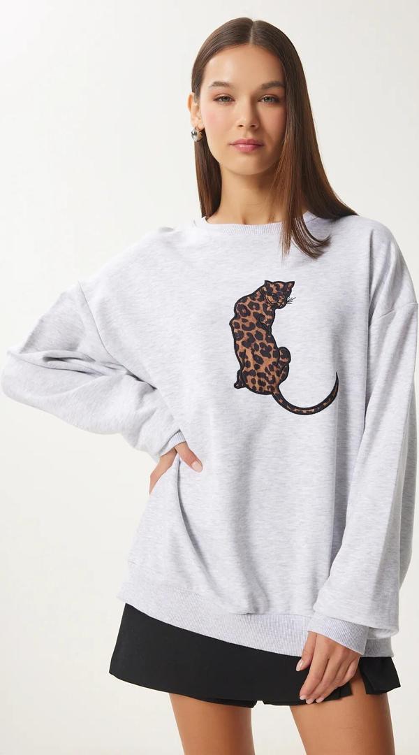 Leopar Nakışlı Oversize Örme Sweetshirt - Image 1