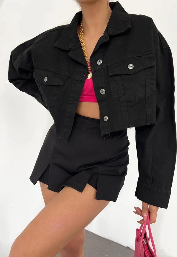 Çift Cepli Yıkamalı Crop Denim Ceket Siyah - Image 1