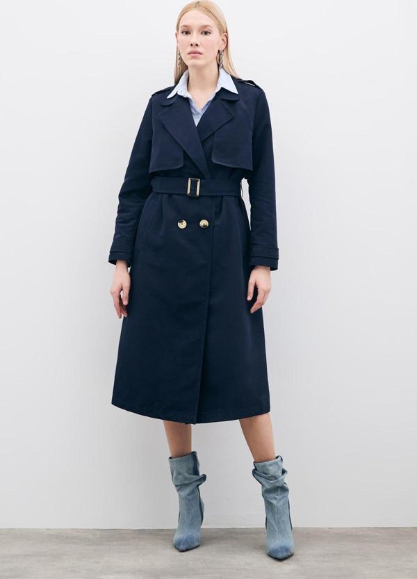 Kemerli Uzun Trençkot - Lacivert - Image 1