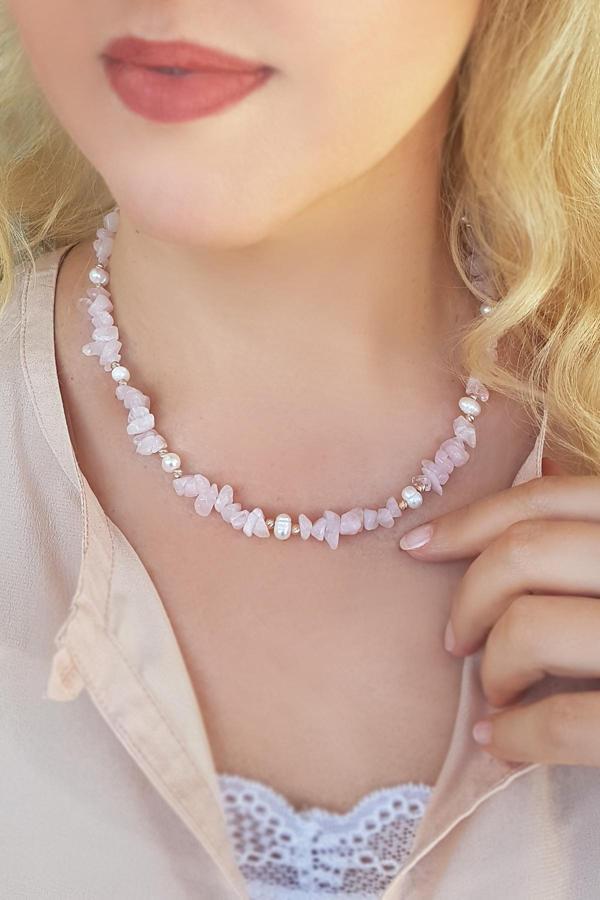 925 Ayar Gümüş İnci ve Pembe Kuvars Taşlı Kolye - Image 1