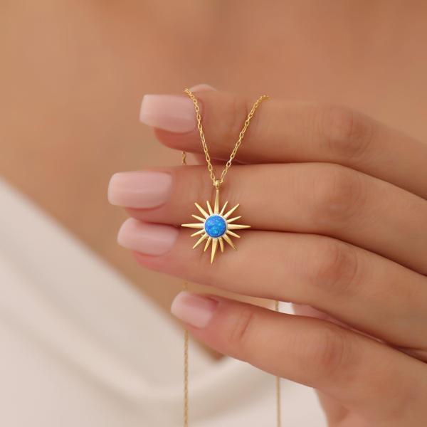 Vaoov 925 Ayar Gümüş Mavi Opal Taşlı Kutup Yıldızı Gold Kolye - Image 1