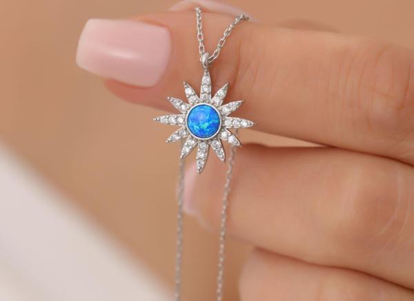 Vaoov 925 Ayar Gümüş Mavi Opal Taşlı Kutup Yıldızı Kolye - Image 1