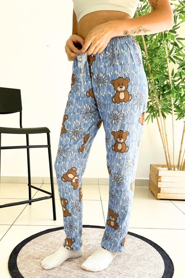 Dreamy Soft Kadife Dokulu Ayıcık Desenli Süet Pijama Altı Pantolon - Image 1