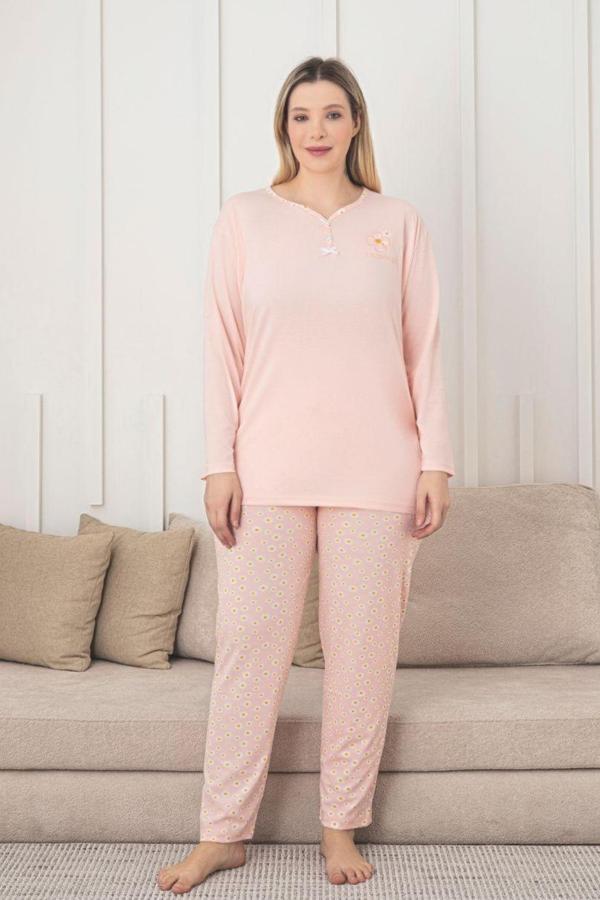 X-Dreamy Büyük Beden Pamuklu Desenli Uzun Kollu Pijama Takımı - Image 1