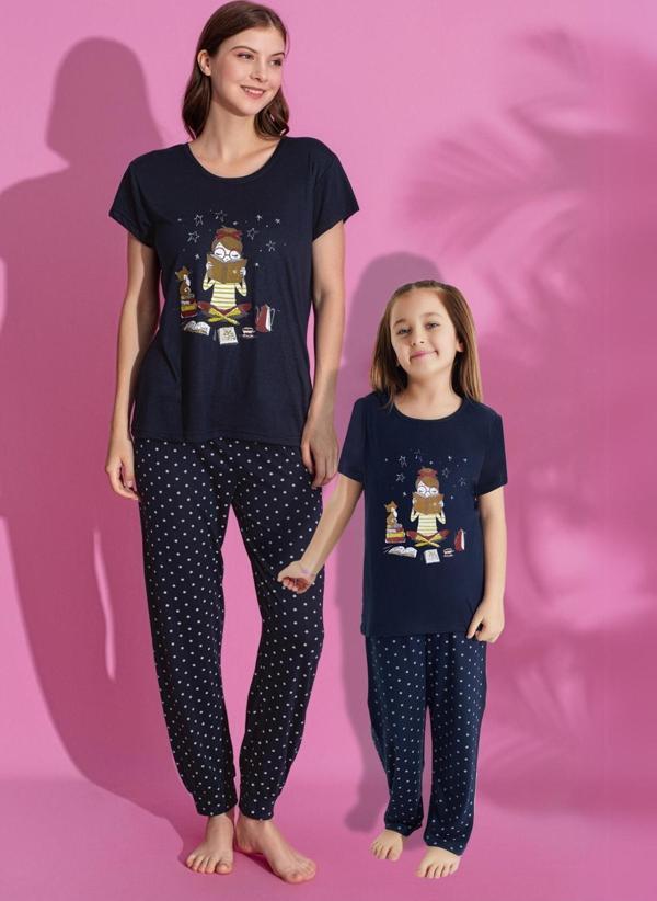 Anne Kız Kombin Desenli Viskon Kısa Kollu Pijama Takımı (ANNE KIZ AYRI SATILIR) - Image 1