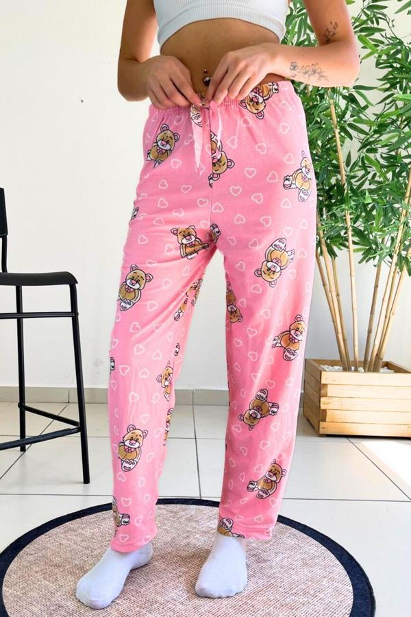 Dreamy Soft Kadife Dokulu Ayıcık Desenli Süet Pijama Altı Pantolon - Image 1
