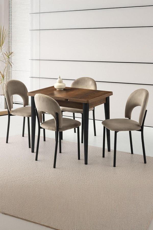 Yanlardan Açılır Yakamoz 90x60 cm Ceviz Masa 4 Adet Ay Sandalye  - Image 1