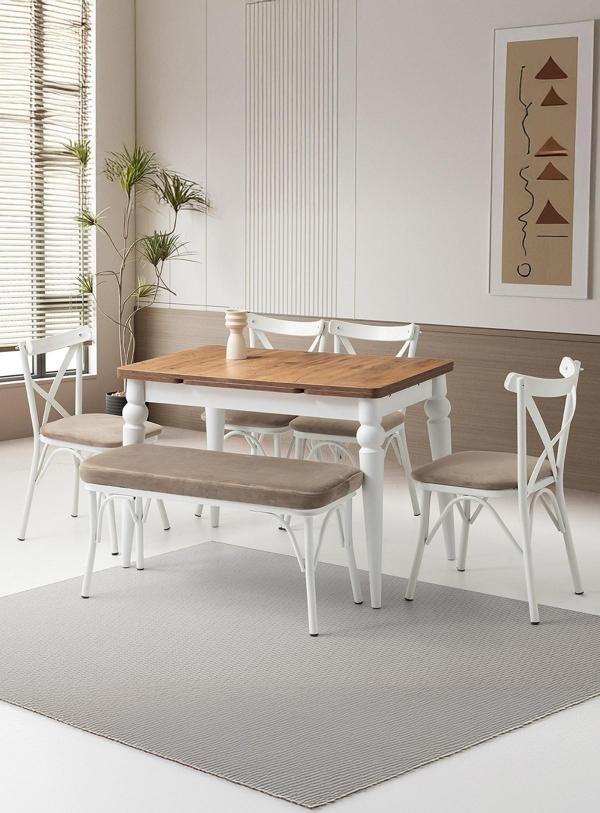 Yanlardan Açılır Yakamoz Dişbudak  Masa Topkapı Ayak 4 Ad Çapraz Sandalye 1 Ad Çapraz Bench Sandalye  - Image 1