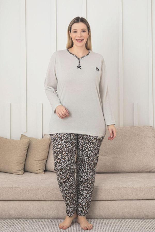 X-Dreamy Büyük Beden Pamuklu Desenli Uzun Kollu Pijama Takımı - Image 1