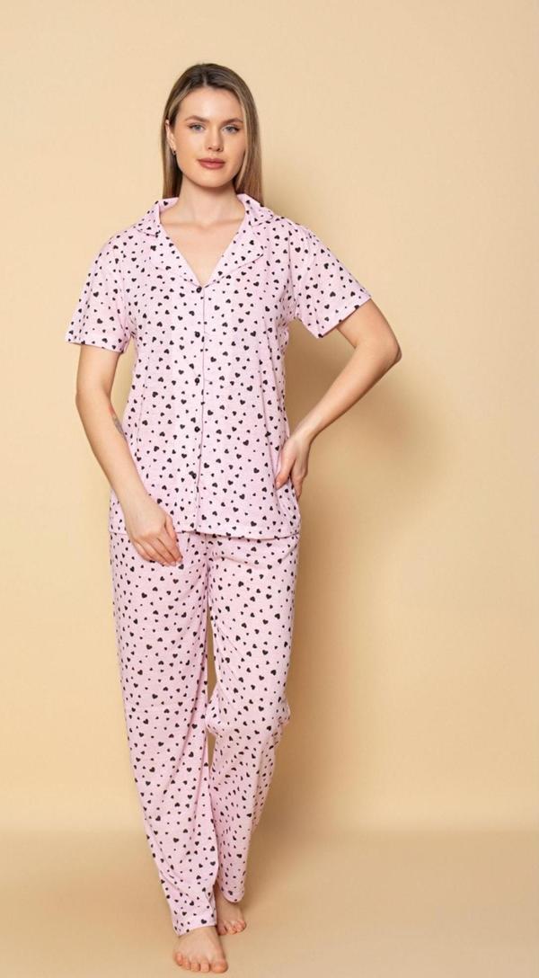 Dreamy Pamuklu Kalp Desenli Kısa Kollu Düğmeli Gömlek Pijama Takımı - Image 1