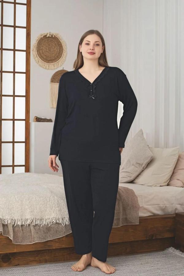 X-Dreamy Büyük Beden Likralı Viskon Güpürlü Uzun Kollu Pijama Takımı - Image 1