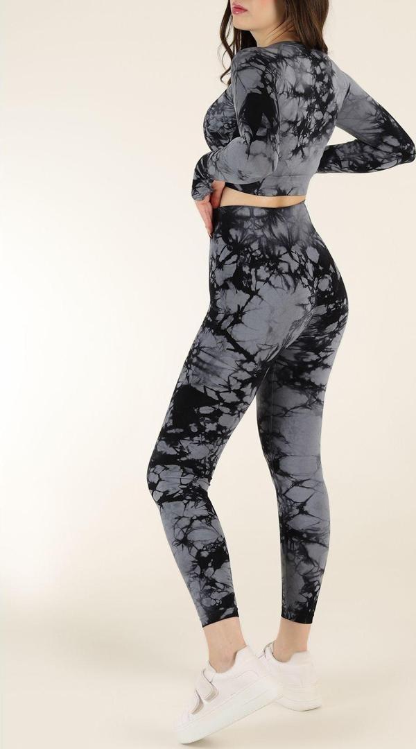 Zeynos Giyim Dikişsiz Push-up Toparlayıcı Batik Desen Spor Tayt Takımı Gri S-M - Image 1