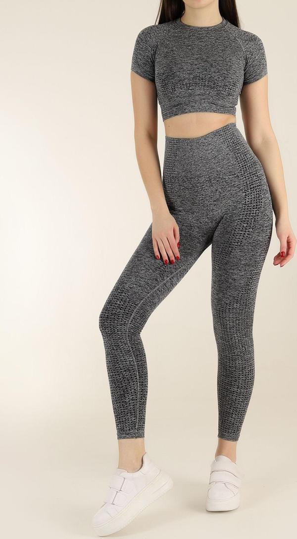 Zeynos Giyim Kısa Kol Melanj Spor Tayt Takımı Gri M-L - Image 1