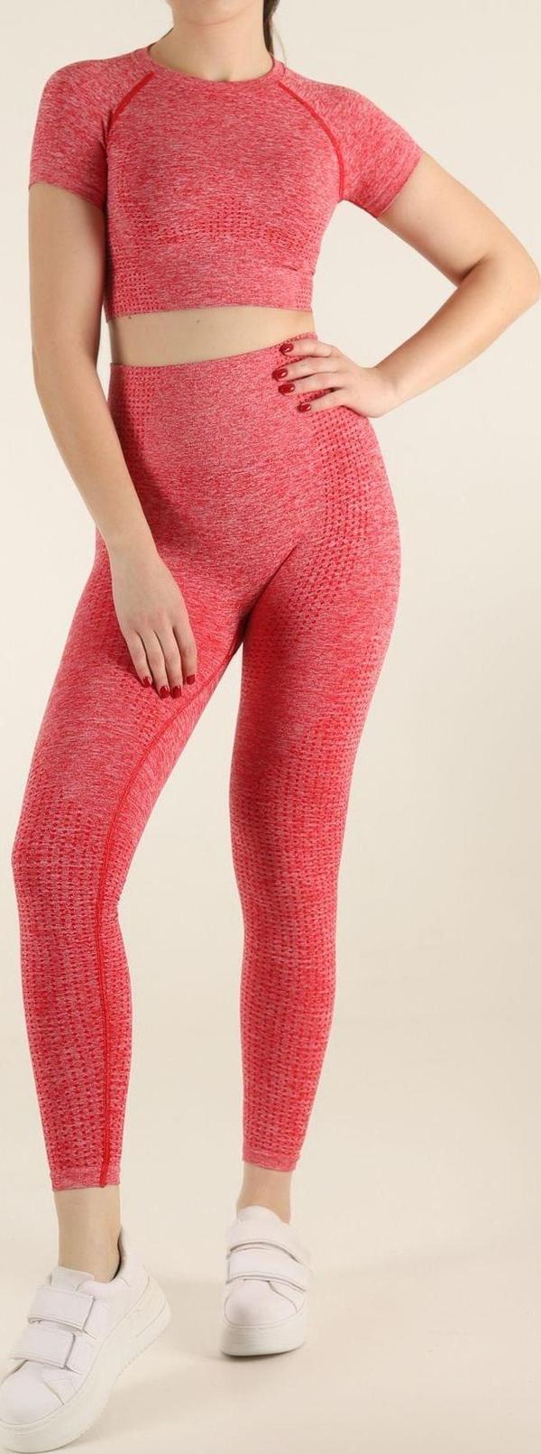 Zeynos Giyim Kısa Kol Melanj Spor Tayt Takımı Kırmızı M-L - Image 1