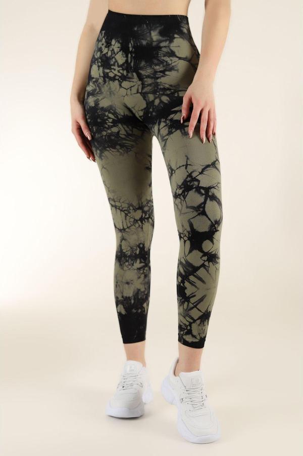 Zeynos Giyim Dikişsiz Push-up Toparlayıcı Batik Desen Spor Tayt Haki M-L - Image 1