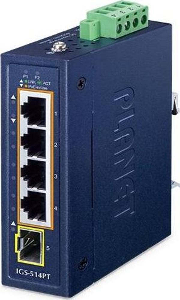 Compact Industrial 4-Port 10/100/1000T 802.3at PoE + 1-Port 100/1000X SFP Ethernet Switch TdrTR - Image 1