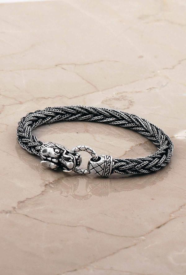 Ejderha Başlı Hasır Örgü Elişi 20 Cm Gümüş Erkek Bileklik 4768 - Image 1