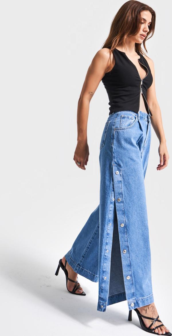 Kadın Mavi Kot Rengş 1S5-4 Palazzo Fit Yandan Ful Düğme Yırtmaçlı Tasarım Denim Jean - Image 1