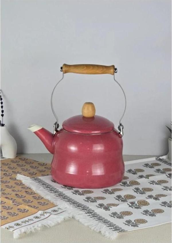 Vintage Ahşap Saplı Emaye Demlik Kettle 2,5Lt Kırmızı KR179-C - Image 1